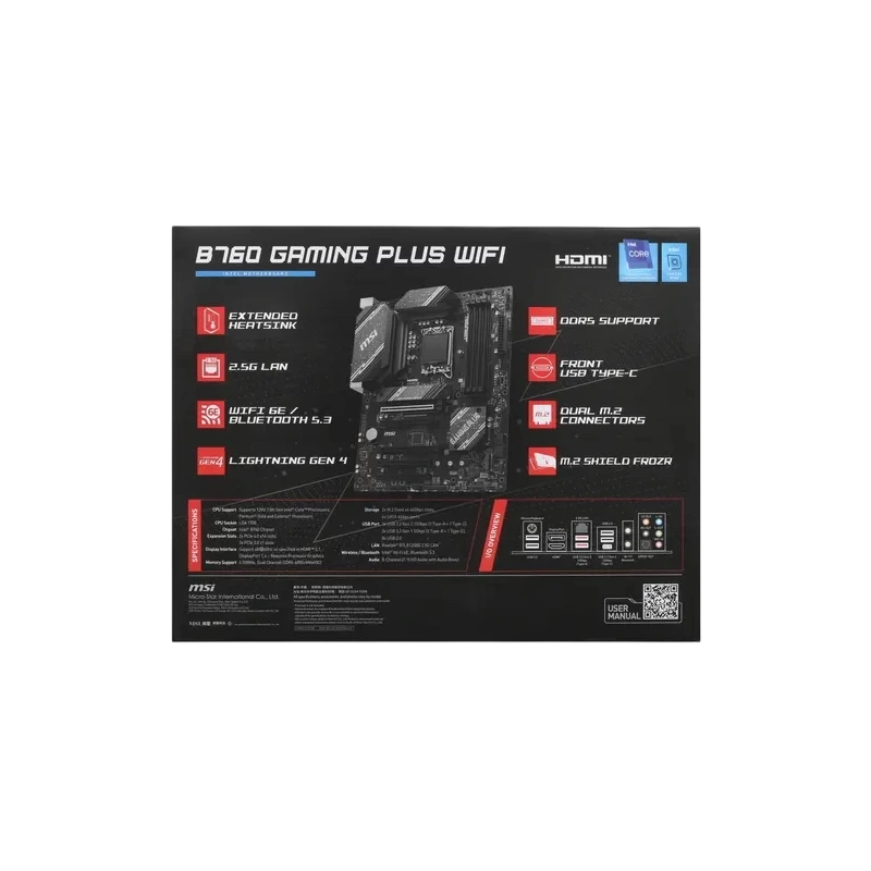 Материнская плата MSI B760 GAMING PLUS WIFI антенна Wi-Fi, документация, задняя планка, кабель SATA