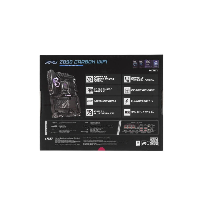 Материнская плата MSI MPG Z890 CARBON WIFI EZ M.2 Clip 2 Remover, антенна Wi-Fi, документация, крепеж для разъема M.2, разветвитель ARGB, удлинитель для ARGB, флешка с ПОещё
