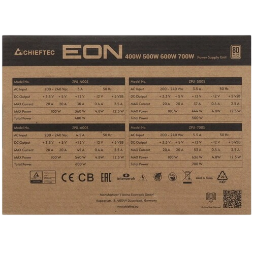 Блок питания Chieftec 500W Eon Black (ZPU-500S) документация, комплект крепежа