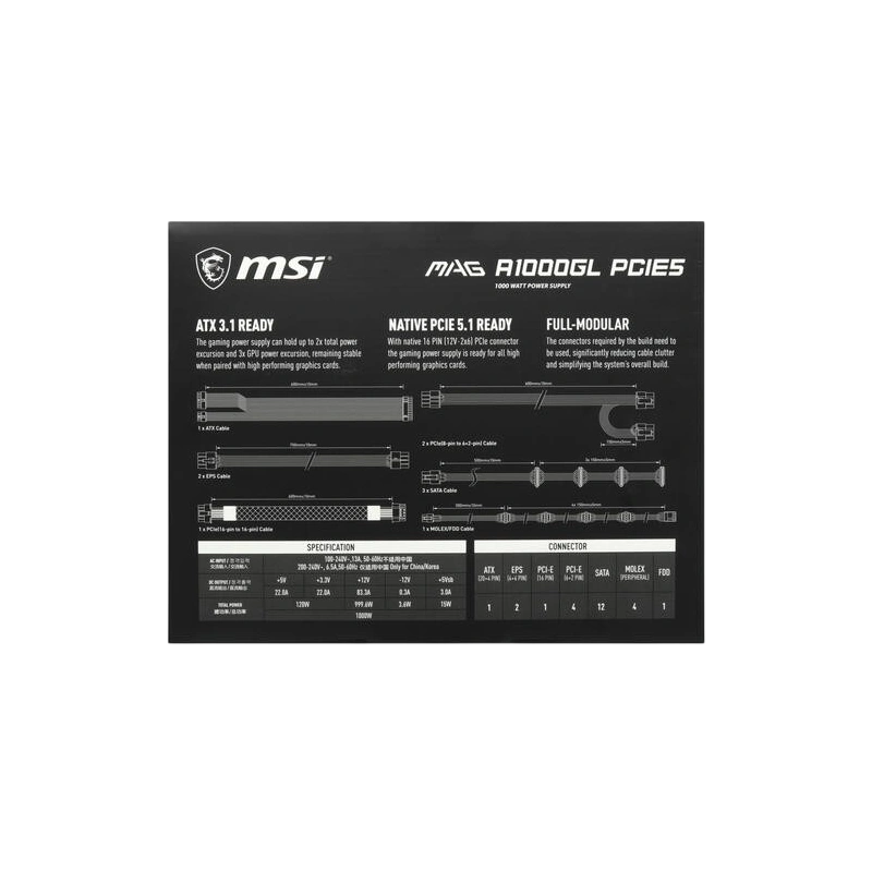 Блок питания MSI 1000W MAG A1000GL PCIE5 (306-7ZP9B11-CE0) 16 Pin (PCIe 5.0 Connector Cable Details) документация, комплект кабелей