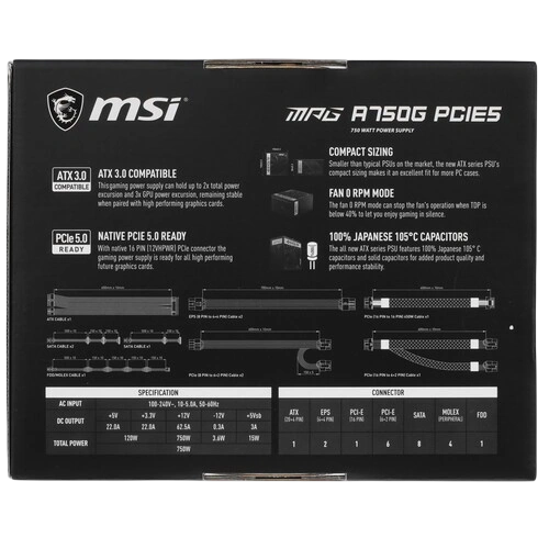 Блок питания MSI 750W MPG A750G (306-7ZP7A11-CE0) 16 Pin (PCIe 5.0 Connector Cable Details) документация, комплект кабелей, чехол