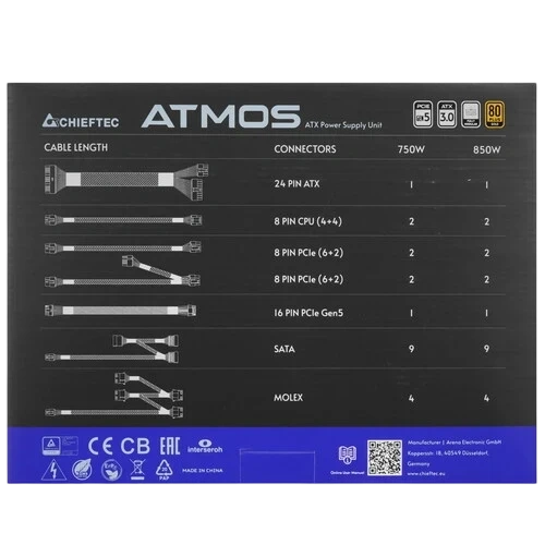Блок питания Chieftec 750W Atmos Black (CPX-750FC) 16 Pin (PCIe 5.0 Connector Cable Details) документация, кабельные стяжки, комплект кабелей
