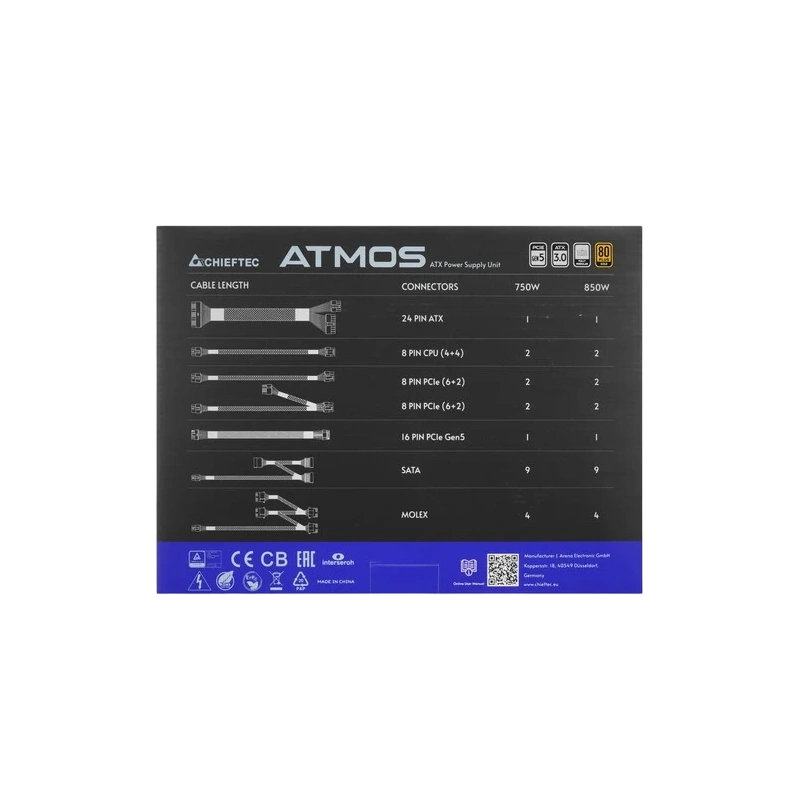 Блок питания Chieftec 750W Atmos Black (CPX-750FC) 16 Pin (PCIe 5.0 Connector Cable Details) документация, кабельные стяжки, комплект кабелей