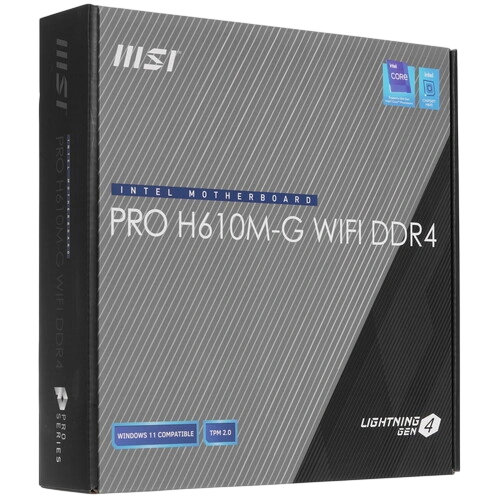 Материнская плата MSI PRO H610M-G WIFI DDR4 2 x кабель SATA, антенна Wi-Fi, диск с ПО, документация, задняя планка, крепеж для разъема M.2