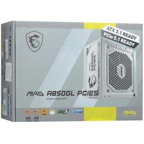 Блок питания MSI 850W MAG A850GL White (MAG-A850GL-PCIE5-WHITE) 16 Pin (PCIe 5.0 Connector Cable Details) документация, комплект кабелей, комплект крепежа