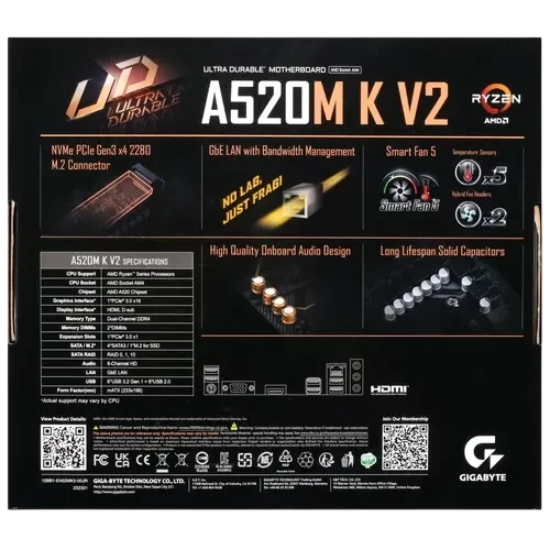 Материнская плата Gigabyte A520M K V2 документация, задняя планка, кабель SATA