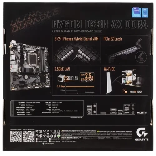 Материнская плата Gigabyte B760M DS3H AX DDR4 2 x кабель SATA, антенна Wi-Fi, документация, задняя планка