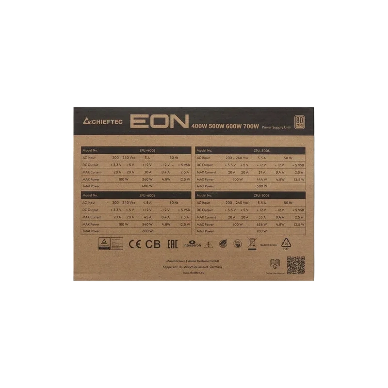 Блок питания Chieftec 400W Eon Black (ZPU-400S) документация