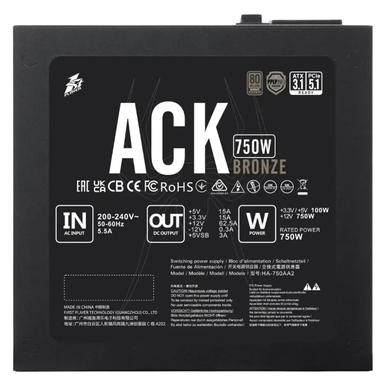 Блок питания 1STPLAYER 750W ACK BRONZE Black (HA-750AA2) 16 Pin (PCIe 5.0 Connector Cable Details)