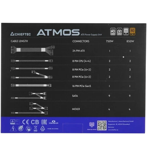 Блок питания Chieftec 850W Atmos Black (CPX-850FC) 16 Pin (PCIe 5.0 Connector Cable Details) документация, кабельные стяжки, комплект кабелей