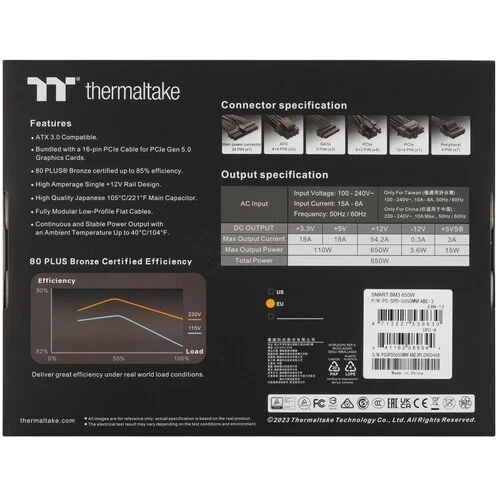 Блок питания Thermaltake 650W Smart BM3 0550 (PS-SPD-0650MNFABE-3) 16 Pin (PCIe 5.0 Connector Cable Details) документация, комплект кабелей, комплект крепежа