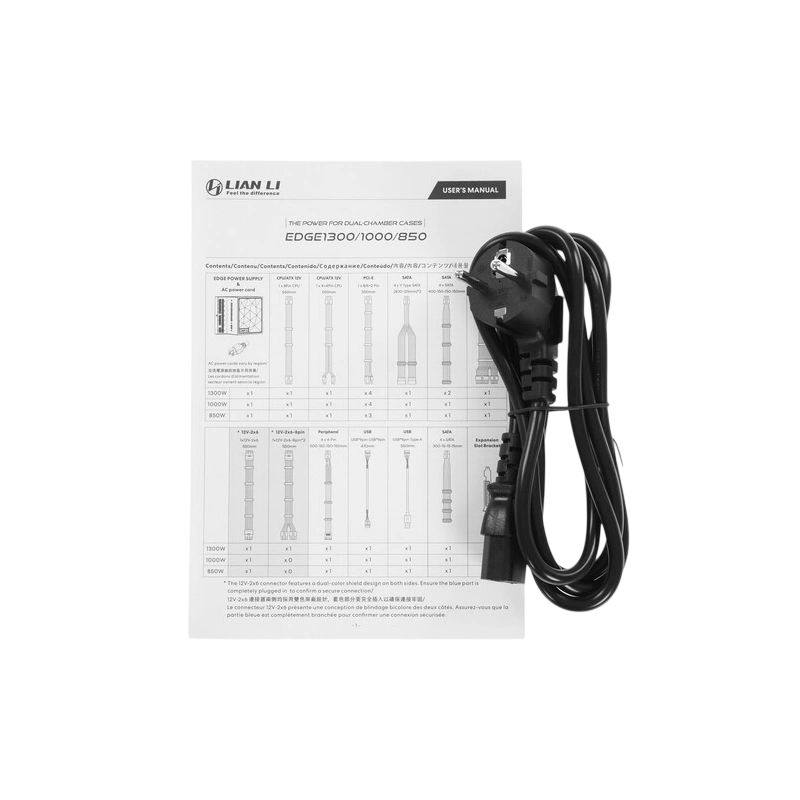 Блок питания Lian Li 850W EG0850 Black (G9P.EG0850.BE00.RU) 16 Pin (PCIe 5.1 Connector Cable Details) документация, комплект кабелей