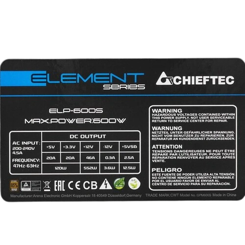 Блок питания Chieftec 600W ELEMENT (ELP-600S)