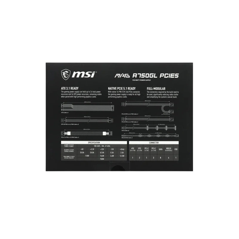 Блок питания MSI 750W MAG A750GL (306-7ZP8B11-CE0) 16 Pin (PCIe 5.1 Connector Cable Details)