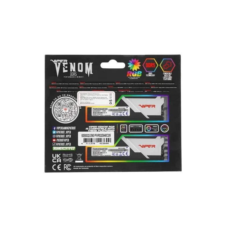 Оперативная память 32 Gb 6400 MHz PATRIOT VIPER VENOM RGB (PVVR532G640C32K)
