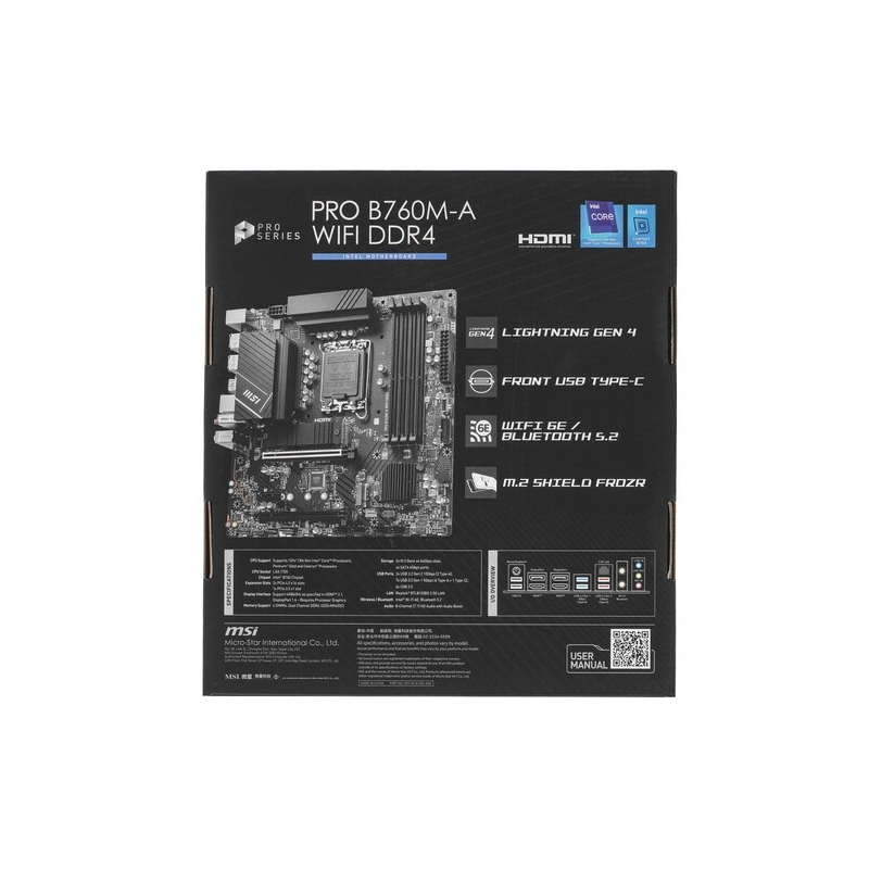 Материнская плата MSI PRO B760M-A WIFI DDR4 антенна Wi-Fi, документация, задняя планка, кабель SATA, крепеж для разъема M.2